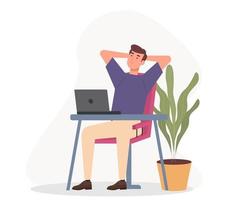 Working From Home Flat Design, Male Working With His Laptop, A freelancer man works behind a laptop. Home office workplace