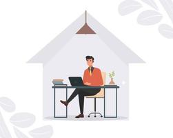 Working From Home Flat Design, Male Working With His Laptop, A freelancer man works behind a laptop. Home office workplace vector