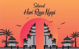 Bali's Day of Silence and Hindu New Year vector Illustration best for Poster Banner and Template, Bali temple, Bali Pura, Indonesian Culture, Hinduism, Bali Sunset Panorama