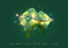 3D Realistic Ketupat with Lamps in Green Background suitable for Eid Mubarak and Ramadan Kareem Greeting and Invitation and Vector Illustration