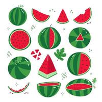 Big set of different watermelons whole, half, piece, bite piece. Flat style logo on a white background. Isolated hand drawn vector illustration