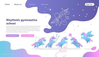 plantillas de diseño de páginas web para la escuela de gimnasia rítmica. concepto moderno de ilustración vectorial para el desarrollo de sitios web. lindos unicornios haciendo gimnasia rítmica con cinta, pelota, aro, cuerda para saltar vector