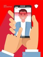 Facial recognition. Face ID, face recognition system. Two Hands holding smartphone with male human head and laser scanning app on screen. Flat design graphic application elements. Vector illustration