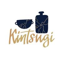 Silhouette of cracked bowl and botttle. Simple icon of Kintsugi with calligraphy text. Black illustration of gold repaired pottery. Flat isolated vector pictogram on white background