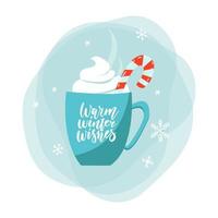 Hot chocolate cup with marshmallow and lollipop, blue with snowflake ornaments. Christmas card design element. Isolated vector flat illustration.