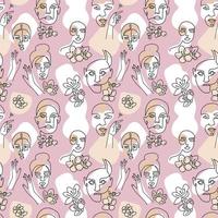 Seamless pattern with woman faces, cherry flowers and abstract shapes on light background. Flat linear vector illustration.