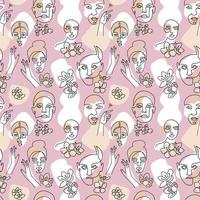 Seamless pattern with woman faces, cherry flowers and abstract shapes on light background. Flat linear vector illustration.