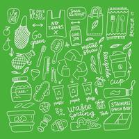 cero elementos de doodle de desperdicio: bolso de mano, cepillo, contenedor de basura, frasco, verduras, copa menstrual, hojas. dibujo lineal de contorno. perfecto para impresiones ecológicas. ilustración vectorial dibujada a mano.