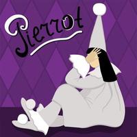 Pierrot sitting on the floor and crying. Purple background. vector