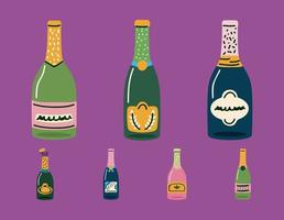 siete botellas de bebidas de champán vector