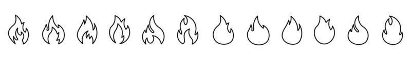 twelve flame of various shapes bonfire vector illustration background white,fire flat line icons set