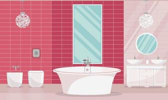 Modern elegant rich bathroom interior with tub. Bathroom furniture - bathtub, stand with two sinks, large vertical mirror, toilet, bidet, chandelier. Flat cartoon vector illustration