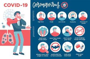 Big Medical infographic coronavirus symptoms, prevention. 2019-nCoV info. Sick male character. Symptoms of coronavirus - fever, shortness of breath, cough. Vector flat illustration.