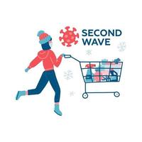 Coronavirus second wave winter shopping. Young woman runnig with full cart buying all groceries she can find in supermarket. COVID-19 concept flat vector character