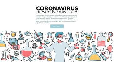 Male Microbiologist scientist research coronavirus CoV in the laboratory surrounded by virus, scientific medical equipment . Awareness campiagn. Tempalte for landing page. Flat vector illustration.