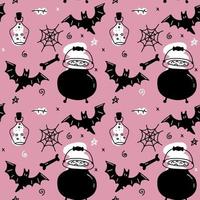 patrones sin fisuras de halloween para niñas. patrón sin fin de fondo, álbum de recortes, papel de regalo, fondos de pantalla. Atributos de caldero negro y rosa, telaraña, frasco de vidrio, murciélago y bruja. vector