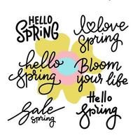 Spring hand lettering set. Trendy line typographic and calligraphic collection. Spring logos and emblems. Vector illustration