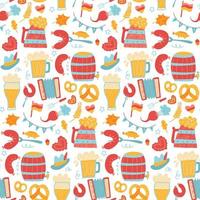 Cartoon colorful hand drawn Oktoberfest seamless pattern. Detailed backdrop with grilled sausage, hop, wooden beer mug, pretzel. Beer festival flyer, bar menu background. Flat vector illustration.