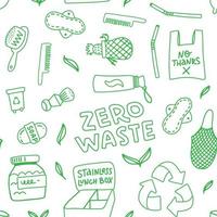 Zero waste seamless pattern for ecological lifestyle and sustainable development. Linear icons style illustration in doodle style with lettering text. vector