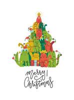Cute green and red cats Christmas tree silhouette. Funny greeting card for pet lovers. Vector flat hand drawn illustration doodle. Stack of cats acting xmas tree. Line lettering - Merry Christmas