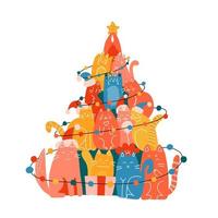 árbol de navidad hecho de muchos gatos graciosos. ilustración de tarjeta de felicitación de año nuevo. ilustración vectorial dibujada a mano en línea y plana. vector