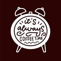 It s always coffee time linear calligraphy quote in alarm clock shape vector illustration.
