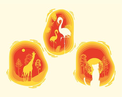 three yellow paper cut icons