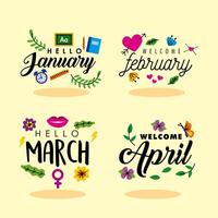 four hello month letterings vector