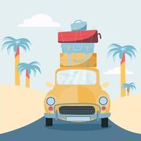 Planning summer vacations, Travel by car. Vehicle with suitcases on roof. World Travel, Summer holiday,Tourism and vacation theme. Flat design vector illustration.