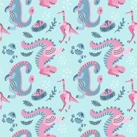 Hand drawn seamless vector pattern with cute dinosaurs, eggs in nest linear decor. Repetitive wallpaper on blue background. Perfect for fabric,wrapping paper or nursery decor. Cute dino pink design.