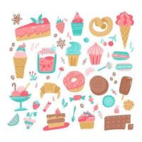 conjunto de varios garabatos de color dibujados a mano ilustración de dulces y caramelos ásperos y simples. ilustración vectorial aislado sobre fondo blanco vector