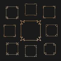 nueve marcos cuadrados simples con algún adorno como la colección de bordes. conjunto de marcos de contorno dorado sobre fondo negro para decorar diseño, tarjeta, invitación, etc. elementos lineales vectoriales vector