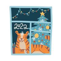 Greeting new year card with cute tiger lying on the windowsill near xmas fir tree and looking at window on snowy december day. Isolated flat vector illustration with lettering 2022