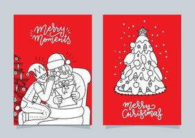 Set of hand drawn greeting cards. Great print for invitations, posters, tags. Merry Christmas postcards. Festive banners in doodle style on red background. Linear vector illustration.