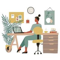 mujer joven sentada en una computadora portátil y se comunica en las redes sociales. freelancer se sienta en un escritorio y usa una computadora portátil en una habitación acogedora. ilustración plana en estilo moderno vector