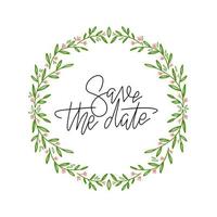 Frame of wreath with leaves and branches. Decor design with hand written text Save the Date. Sketched green floral and herbs garland. Handdrawn vector style, nature illustration