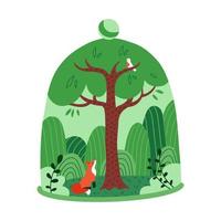 Green tree forest with fox under a transparent glass dome. Save the forest and nature concept. Bad influence on the environment. Flat vector cartoon illustration.
