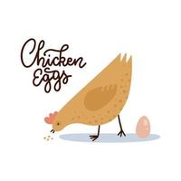 Chicken eggs banner template. Farm hen with egg and lettering text. Cute chicken pecks grain. Farmer market poster design element. Flat hand drawn vector illustration.