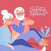 Valentine s Day card. Cute, adorable senior couple in love, romantic scene. Old man gives heart to his wife old women. Active seniors flat vector characters. Together forever.