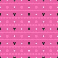 Vector seamless abstract pattern with hearts, flowers and dots on pink background.