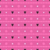 Vector seamless abstract pattern with hearts, flowers and dots on pink background.