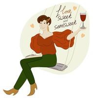 Woman sitting on a swing and holding glass of wine in her hand vector