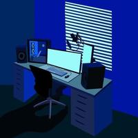 Gamer's room. Video game station. Desktop with gamer's equipment. Room of video game streamer. vector