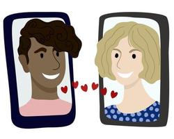 Man and woman talking with each other on their smartphones. Virtual dating concept. vector