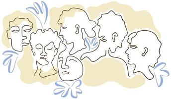 Women faces in line-art style with beige spots and blue flowers. vector