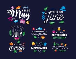 eight hello month letterings vector