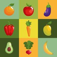 nueve iconos de comida sana vector