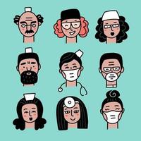 avatar sonriente del personal médico aislado. cirujanos hospitalarios, enfermeras y otros profesionales de la medicina conjunto de vectores. cara de doctor de dibujos animados diferentes en máscaras. ocupación de la salud de las personas para el diseño infantil. vector