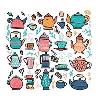 Color set of hand-drawn warming beverages and kettles in Scandinavian style on a white background. For the menu design, flyers, etc. Vector cartoon outline illustration.