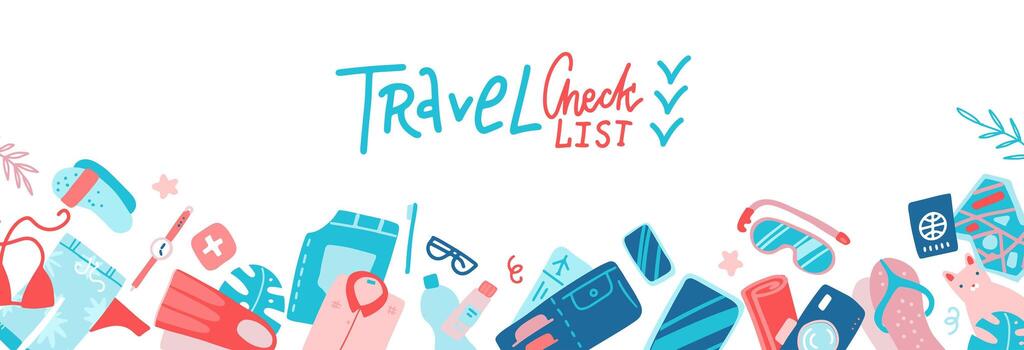 Travel Check List Templae Horizontal Banner With Copy Space Packing Planning Concept. Flat Vector Illustration with lettering text